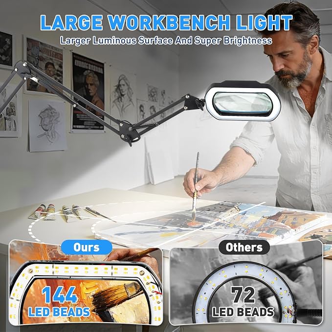 HITTI 12X Square Ultra Long Magnifying Glass with Light and Clamp