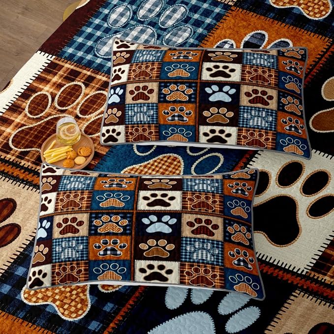 Patchwork Quilt Set Queen Size, Blue Brown Dog Paw Bedspread, Soft Lightweight Microfiber Bedding Set, Farmhouse Rustic Coverlet, All Season 3 Piece (Dog Paw, Queen)