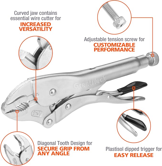 GreatNeck 74230 5-Piece Locking Plier Set – Curved & Long Nose Pliers with Plastisol Trigger Release, Diagonal Tooth Grip, Wire Cutter & Storage Pouch – Durable Alloy Steel Construction