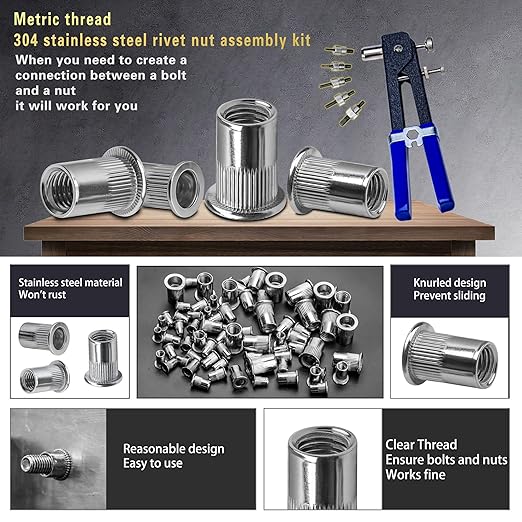 ASKWAY Stainless Steel Rivet Nut Tool Kit 750 Pcs 304 Stainless Steel Rivet Nut Combination, Suitable for Furniture, Decoration, Automotive, Marine and Industrial Applications