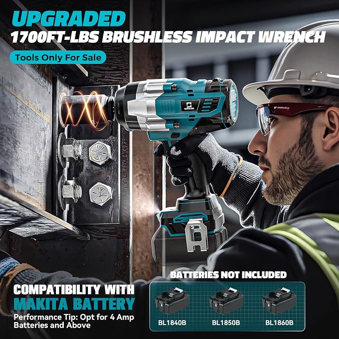 Cerycose Cordless Impact Wrench 1/2 inch Compatible with Makita 18V Battery: 1700FT-LBS High Torque Impact Wrench Heavy Duty Tool - Brushless Electric Impact Gun Includes LED Work Light with 6 Sockets
