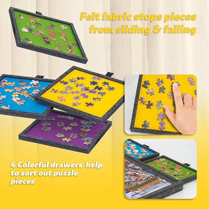 Tektalk Jigsaw Puzzle Table with Integrated Adjustable Stand/Bracket, 3-Tilting-Angle Super Lightweight Felt Puzzle Plateau Board with Cover & 4 Sorting Drawers (for Up to 1000 Pieces, Gray)