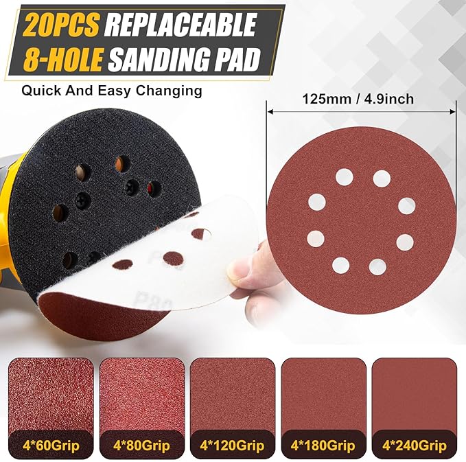 Cordless Random Orbital Sander Compatible for Dewalt 20v 60v Battery(NO Battery), Electric Palm Orbital Sander With Dust Collector, 6 Variable Speeds, 20Pcs Sandpaper For Sanding Polishing Woodworking