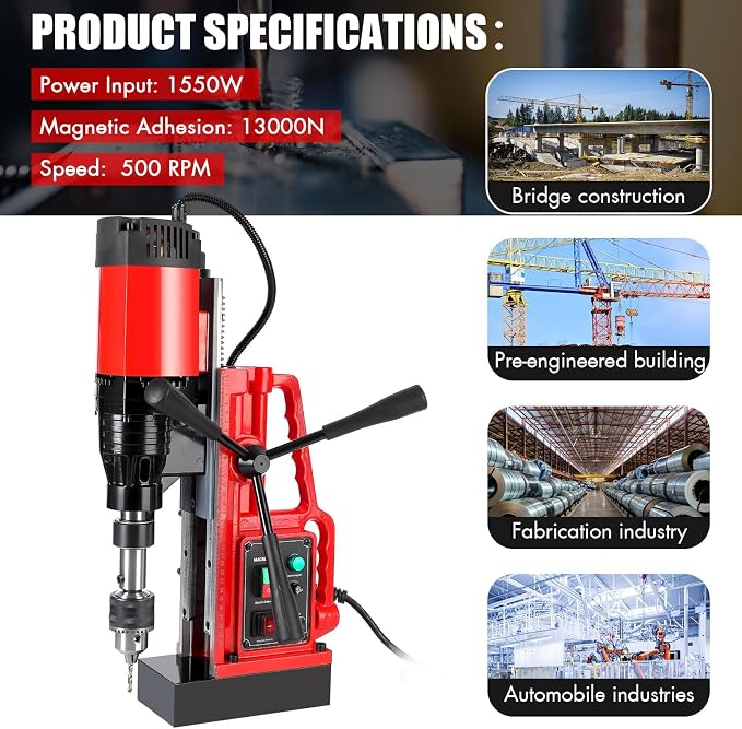 110V 1550W Magnetic Drill Press, 2" Drilling Capacity, 500 RPM, Variable Speed Single-Rail Portable Industrial Drill for Steel, Construction & DIY