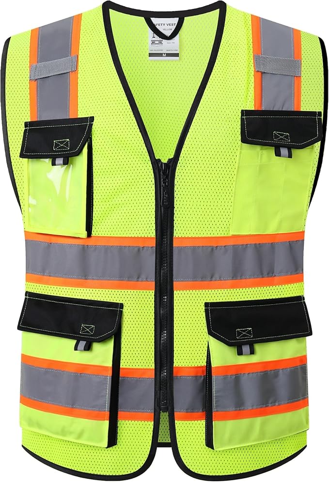 JKSafety Hi Vis Reflective Safety Vests for Men Women High Visibility Vest with Pockets Mesh Fabric Construction Safety Apparel Neon Vest for Work (220-Yellow S)