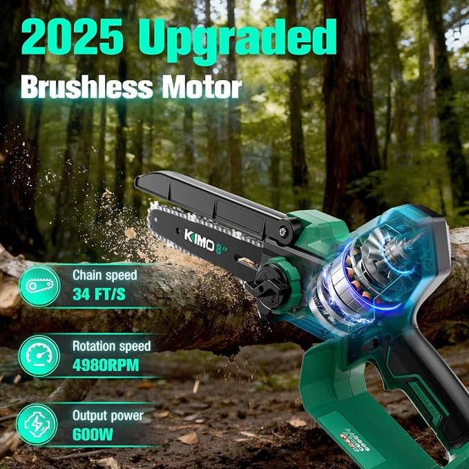 KIMO Brushless Electric Chainsaw Cordless, 4.0Ah Battery & Fast Charger, Handheld Chain Saw with Auto Oiler, Battery Powered Chainsaw Electric for Tree Trimming, 34 FT/S Cutting Speed, 8-INCH