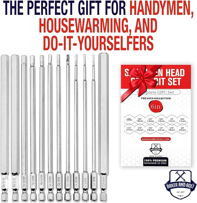 Baker and Bolt 12-Piece 6" Long Hex Head Allen Wrench Drill Bit Set – Impact Ready, S2 Steel, SAE, 1/4" Hex Bit Set with Storage Case
