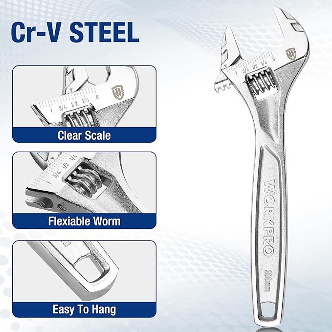 WORKPRO Adjustable Wrench, 8-inch Heavy Duty Spanner with Inch/Metric Scale, Premium Cr-V Steel, Chrome Plated