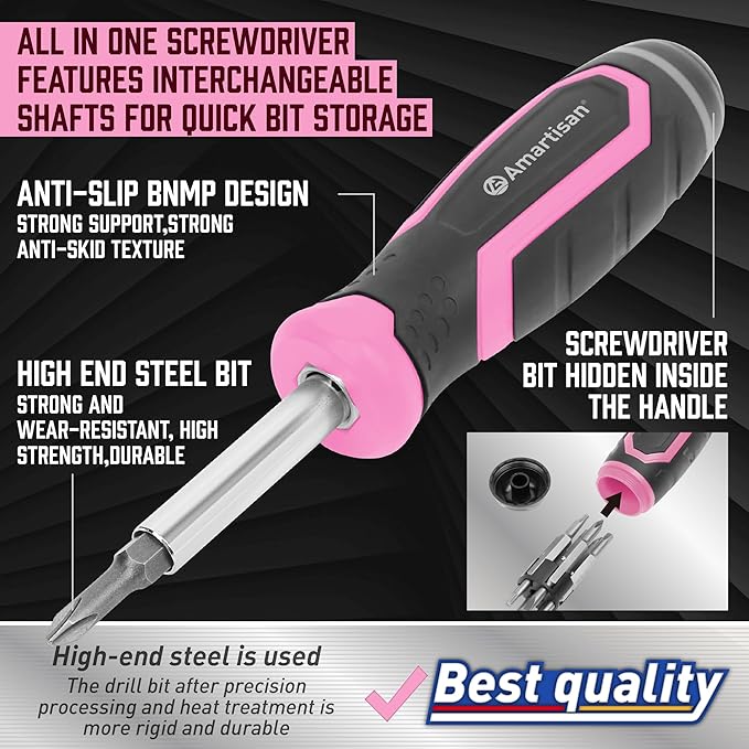Amartisan 18-in-1 Multi-bit Screwdriver Set Tool All in One, Portable Multi-Purpose Screwdriver, Slotted/Philips/Pozi/Torx/Square,Nut Driver (Pink)