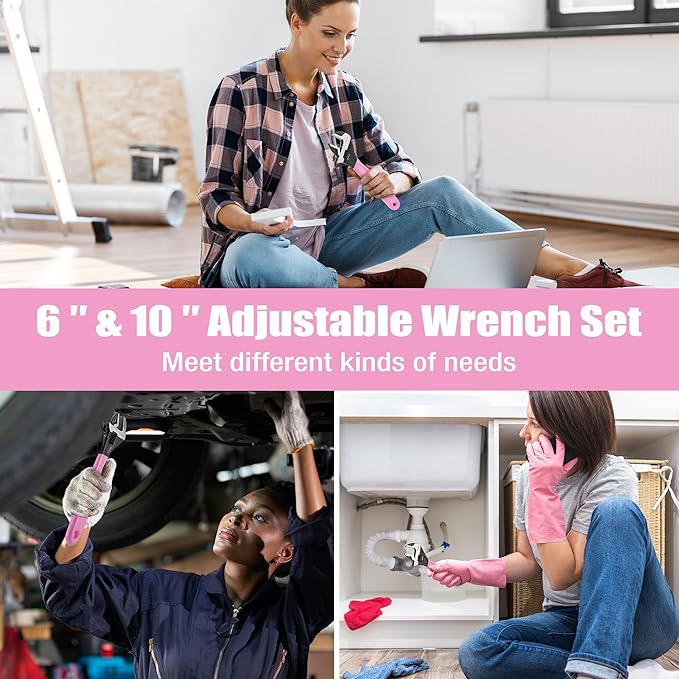 WORKPRO 2 PCS Pink Adjustable Wrench Set, 6-Inch & 10-Inch Wrenches, Wide Jaw Black Oxide Wrench, Metric & SAE Scales, Cr-V Steel, for Home, Garage, Workshop-Pink Ribbon