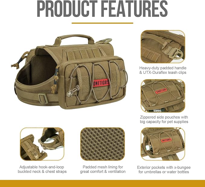 ONETIGRIS Dog Backpack for Medium & Large Dogs, Nylon Backpack for Dogs Tactical Pet Backpack with Side Pockets for Hiking Walking Training Running (Brown, Medium)
