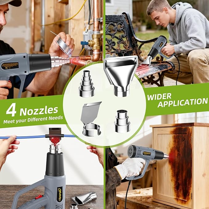 Heat Gun, 10Ft power cord Heavy Duty Hot Air Gun 572&1112℉ Dual Temperature Control 4 Nozzels & Paint Scraper Overload Protection for Paint Stripping,Crafting, vinyl wrap