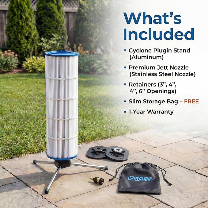 CYCLONE FILTER CLEANER Essential Plus – Patented Spinning Cartridge Filter Cleaner with Tripod Stand & Premium Brass Jet Nozzle with Shut-Off Valve – Fits 3”, 4”, 6” ID