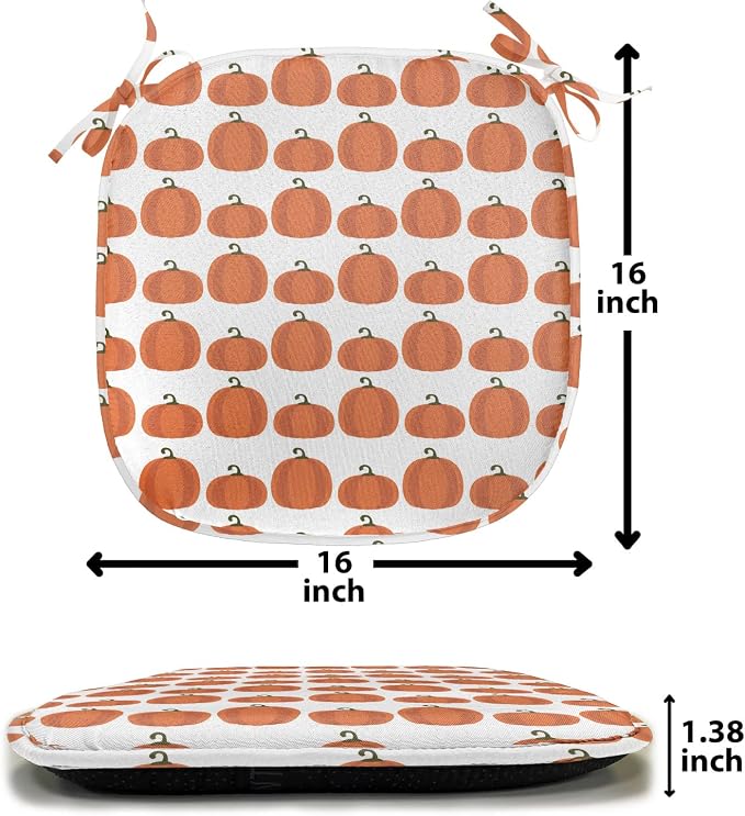 Lunarable Autumn Pumpkin Chair Seating Cushion Set of 4, Simplistic Halloween Fruit Pattern on Plain Backdrop, Anti-Slip Seat Padding for Kitchen & Patio, 16"x16", Burnt Orange Green Brown