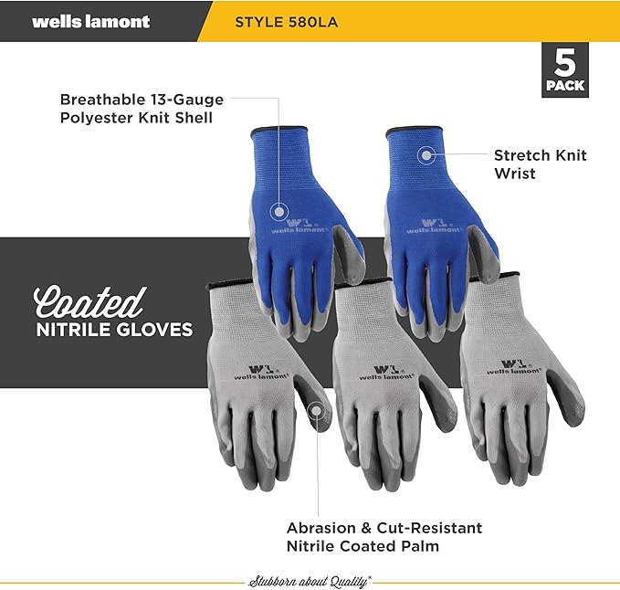Wells Lamont Nitrile-Coated Work Gloves for Men – Abrasion & Cut Resistance – Lightweight & Breathable – Perfect for Construction, Automotive, Gardening - Blue/Grey, Large, 5 Pack