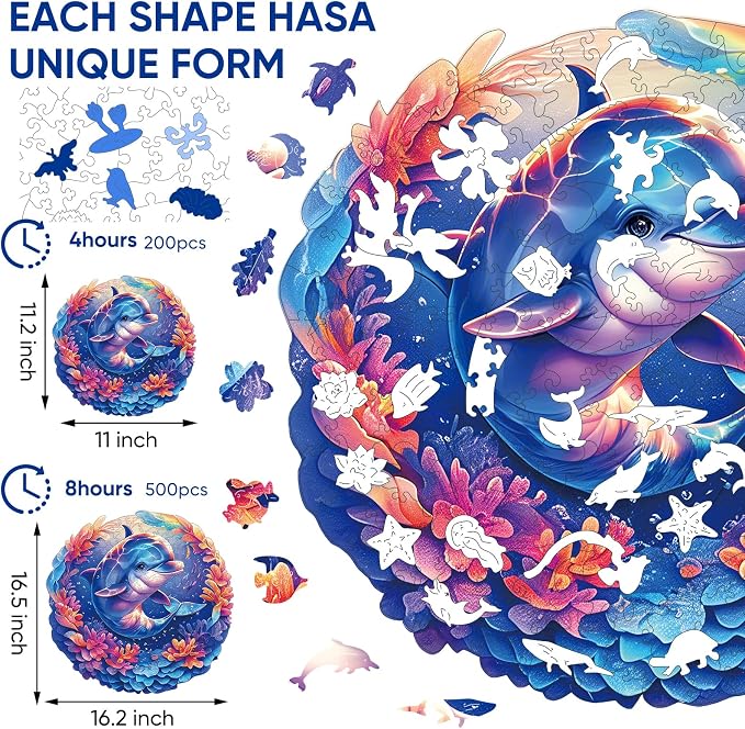 Qiuenisray Wooden Puzzles for Adults 500 Pieces, Dolphin Baby Jigsaw Puzzles, FSC Certified Unique Ocean Adult Puzzles, Irregular Wood Puzzles, Creative Gift for Family Game 16.2x16.5 in