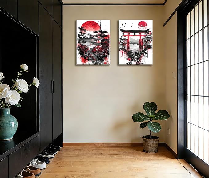 Frimeeme 3 Pieces Japanese Canvas Wall Art, Japanese Landscape Painting Prints, Red and Black Cherry Blossom Trees Building Pictures, Living Room Office Decor, 12x16 Inch Each