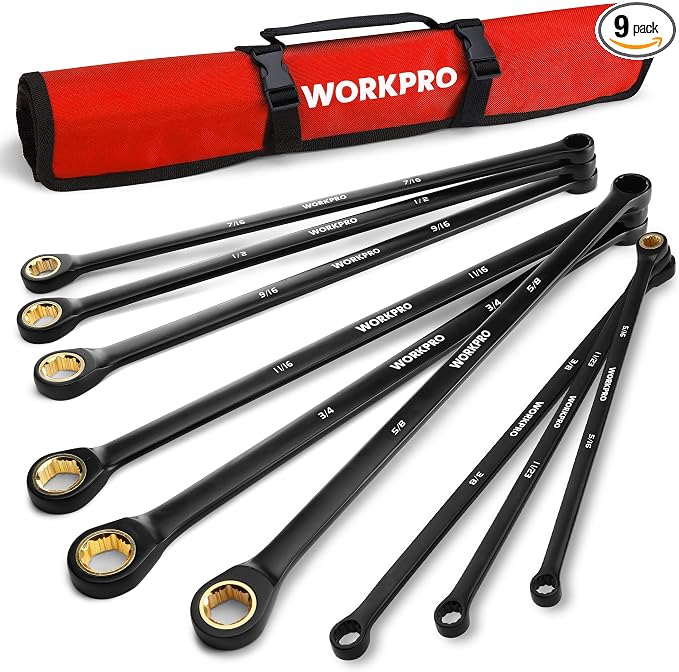 WORKPRO Extra Long Ratcheting Wrench Set, 9-Piece Anti-Slip Double Box End Wrench Set, SAE 5/16-3/4 in, 72-Tooth, Cr-V Steel and Black Electrophoretic Coating Wrenches with Rolling Pouch