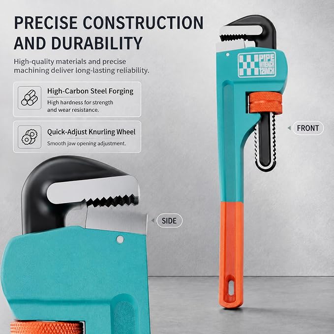 Heavy Duty Pipe Wrench, 12" Adjustable Straight Plumbing Wrench, High Drop-Forged jaws, Professional Pipeline Tool for Water Pipe Fittings, Mechanical assembly, Workshop Operations