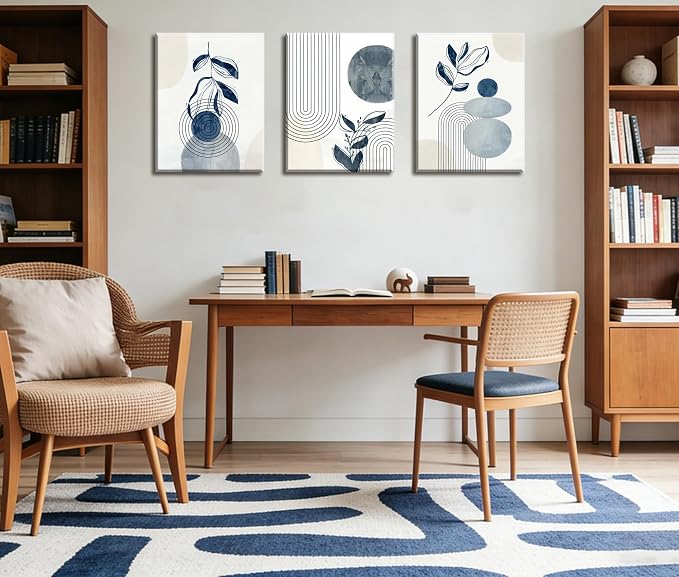 Frimeeme Blue Bohemain Framed Canvas Wall Art Set of 3,Abstract Geometric Line Wall Painting for Bedroom Bathroom, 12"x16" Inches,Framed