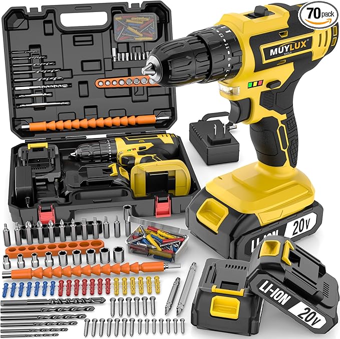 Cordless Drill Set 70PCS, Power Drill Cordless with Battery and Charger, 3/8" Keyless Chuck Electric Drill Tool Kit for Home Repair and DIY Projects, 2 Batteries