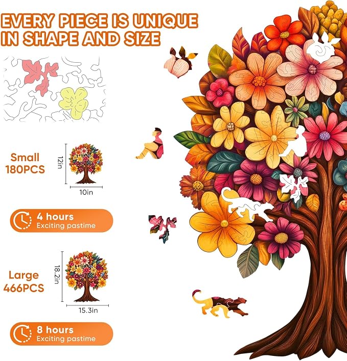Pikoqunc Flower Tree Wooden Jigsaw Puzzle for Adults, 180 Pieces, 3mm Thick Nature Art Puzzle for Relaxation, Family Time, and Gift Giving