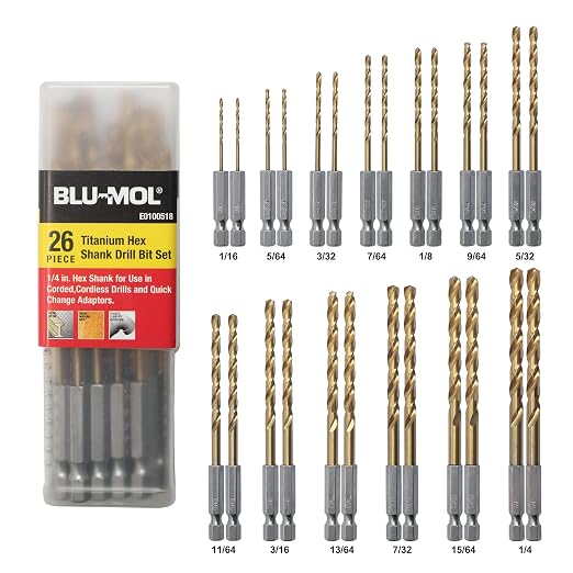 Disston E0100518 26pc Titanium Impact Hex shank Drill Bit set with carrying case. Quality spit point bit for easy drilling
