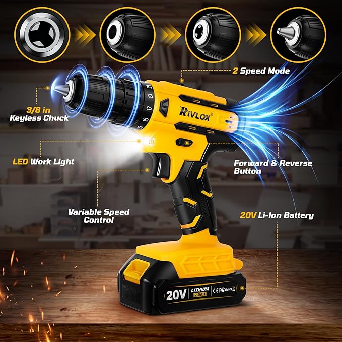 20V Cordless Drill Set,Electric Power Drill Cordless,Power Drill Drivers,Electric Screwdriver - 2.0Ah Batteries, 30Nm，21+1 Torque,2 Speed, Built-in LED,Kit for Home, Yellow