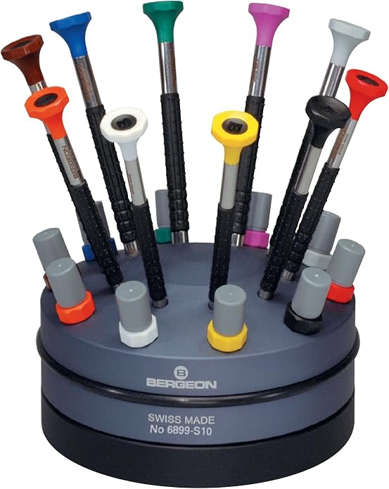 Bergeon 55-604 6899-S10 Rotating Stand with 10 Ergonomic Screwdrivers and 10 Tubes with Spare Blades Watch Repair Kit
