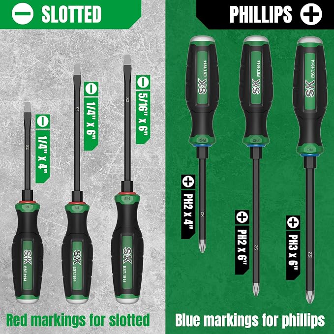 SK 6-Piece Heavy Duty Screwdriver Set, Demolition Driver, Slotted and Phillips, S2 Steel, SureGrip Handle