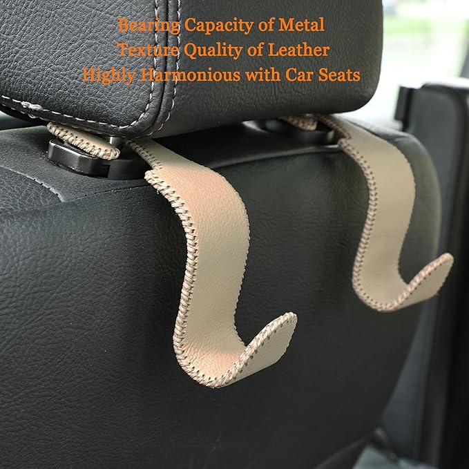Amooca Car Seat Headrest Hook 4 Pack Metal Core Hanger Universal Car Storage Organizer for Handbag Purse Coat S Type Leather Beige