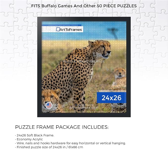 ArtToFrames Puzzle Frame for Buffalo Games 50 Piece Jigsaw Puzzles, 24x26 Inch (61x66 cm), Soft Black Engineered Wood with Economy Acrylic, Ready to Hang Puzzle Display