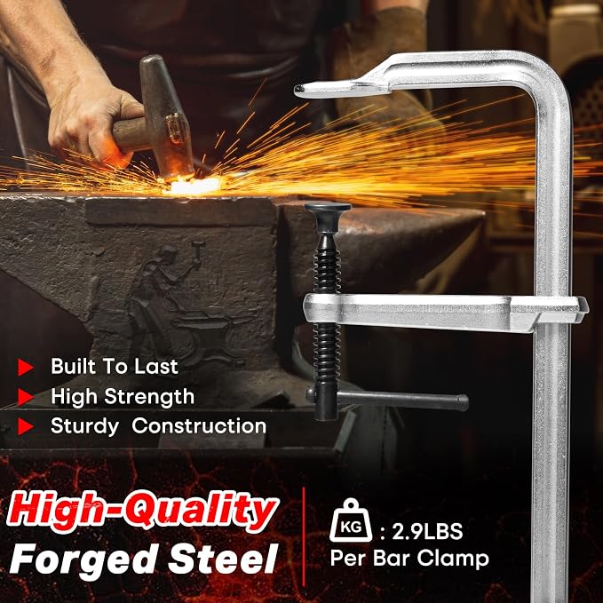 SHALL 12 In Heavy-duty Bar Clamps, 4-Pack Drop Forged Steel Welding F Clamps, All-Steel Thick Rail Wood Clamps with 1200Lbs Load Limit for Woodworking, Welding, Metal Working | 4-3/4" Throat