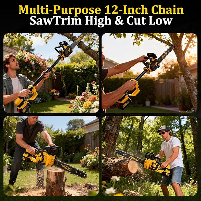 12 Inch Cordless Brushless Chainsaw, 2-IN-1 Telescoping Pole Saw with 2×4.0Ah Batteries & 4 Chains, Lightweight Safe Tree Pruner for Garden Wood Cutting
