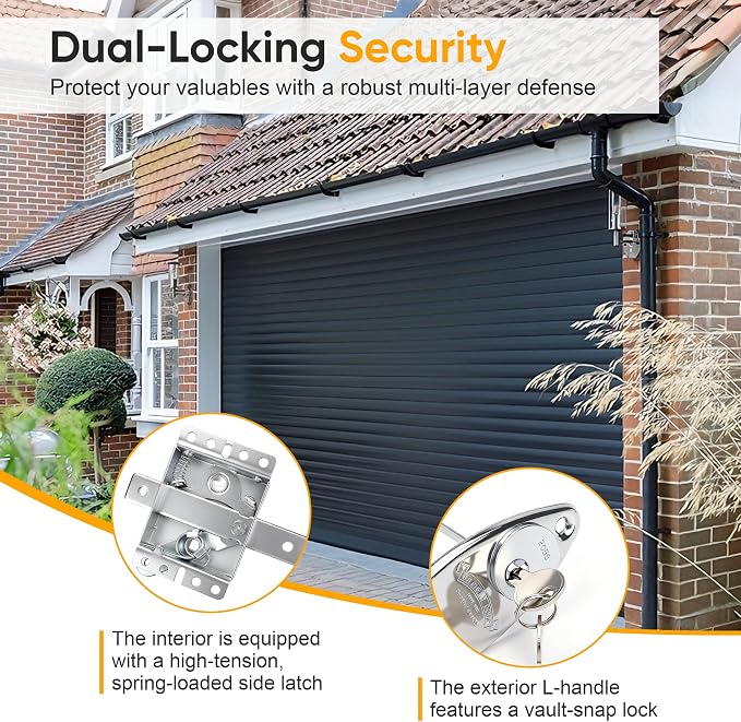 Heavy-Duty Garage Door Lock Kit, Universal L-Handle with Inside Side Latch, Copper Cylinder & Keys, Zinc Alloy Handle, Complete Hardware Set for Shed Barn Garage Doors, 3 Sizes Screws-1 Set