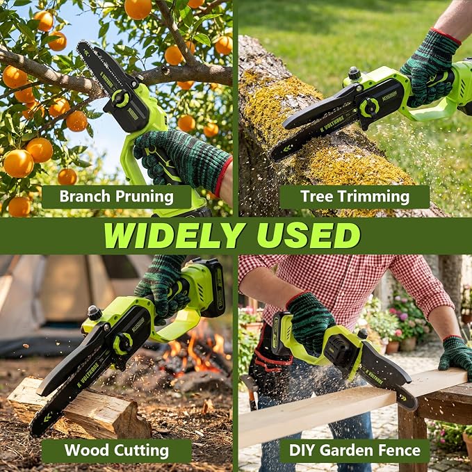 Mini Chainsaw 8 Inch & 6 Inch Bar, Electric Small Chainsaw Battery Powered | 2-Battery & 3-Chain, One Hand Operation, Brushless, Auto Oiler, Lightweight Handheld Chainsaw for Women and Beginners, Green