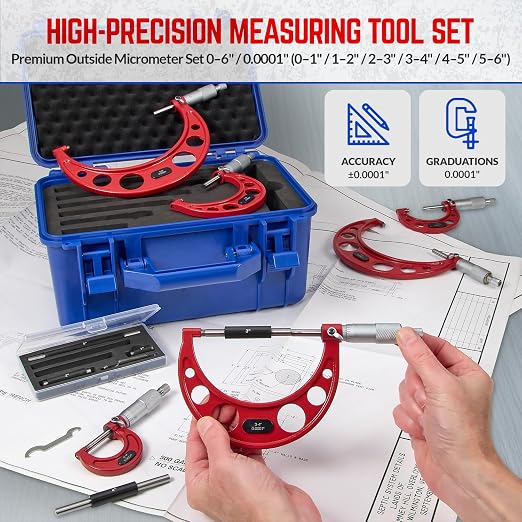 Premium Outside Micrometer Set 0-6" / 0.0001" (0-1"/ 1-2"/ 2-3"/ 3-4"/ 4-5" /5-6") Precision Machinist Tools w/Carbide Tips, Standards, Ratchet Stop