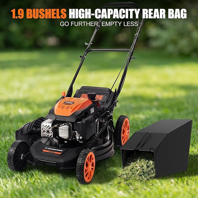 Self-Propelled Gas Lawn Mower - 21 inch with 170cc 4-Stroke Engine, 7-Position Cutting Height, 3-in-1 Versatile Mulching Bagging Discharging, 1.9 Bushels Large Grass Collector, EPA Compliment