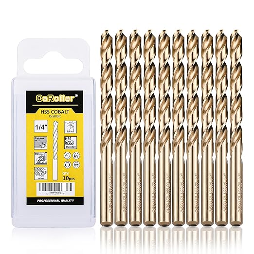 CaRoller 1/4 Inch Cobalt Drill Bit Sets,10 Pack 135 Degree Tip of M35 Length Twist Drill Bits with Storage Case for Hard Metal, Stainless Steel, Cast Iron, Wood and Plastic (1/4"-10pcs-M35)