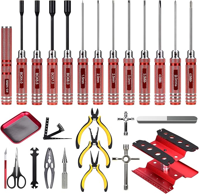 RC Car Tool Kit (27pcs), Screwdriver Set (Flat, Phillips, Hex), Pliers, Cross Wrench, Body Reamer, Stand, Polished Bar Hobby Repair Tools for Traxxas Car Quadcopter Drone Helicopter Airplane