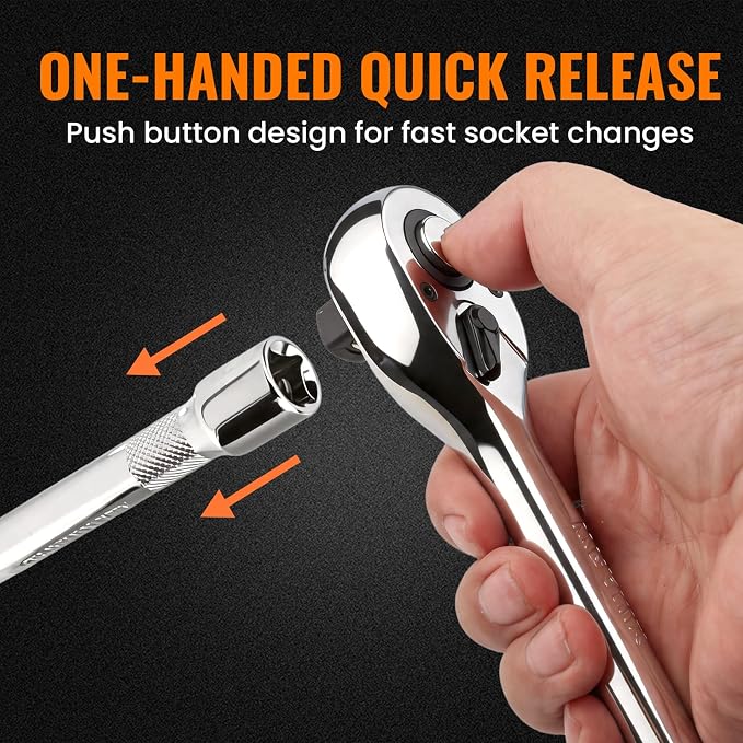 3/8“ Drive 90-Tooth Ratchet Wrench with Extension Bar | Socket Wrench, Reversible Design, Quick-Release, Cr-Mo Head, Cr-V Made, 4° Swing Arc, Full Polished