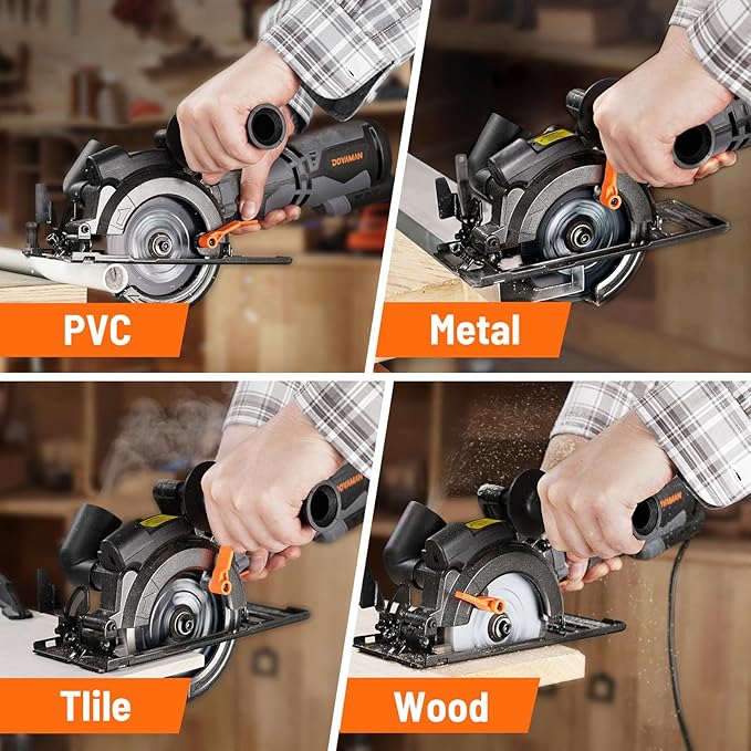 DOVAMAN Circular Saw, 5.8A 4-1/2" Circular Saw w/Laser, Metal Auxiliary Handle, 6 Blades (4½", 4¾"), Cutting Depth 1-11/16" (90°), 1-3/8" (45°), Ideal for Wood, Soft Metal, Plastic, Tile - MCS01A