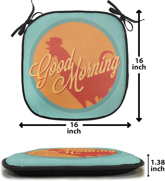 Lunarable Gallus Chair Cushion Pads Set 12, Rooster and Sun Morning Vintage Agriculture Sunrise Farm Landscape, Anti-Slip Seat Padding for Kitchen & Patio, 16"x16", Turquoise Orange Ruby