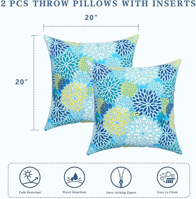LVTXIII Outdoor Throw Pillows, Decorative Throw Pillows with Inserts, 20"x20" Square Pillows for Bed, Couch, Sofa and Patio Furniture, Set of 2, Dahlia Blue