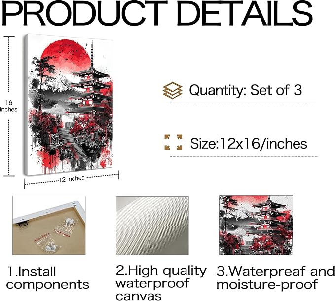 Frimeeme 3 Pieces Japanese Canvas Wall Art, Japanese Landscape Painting Prints, Red and Black Cherry Blossom Trees Building Pictures, Living Room Office Decor, 12x16 Inch Each