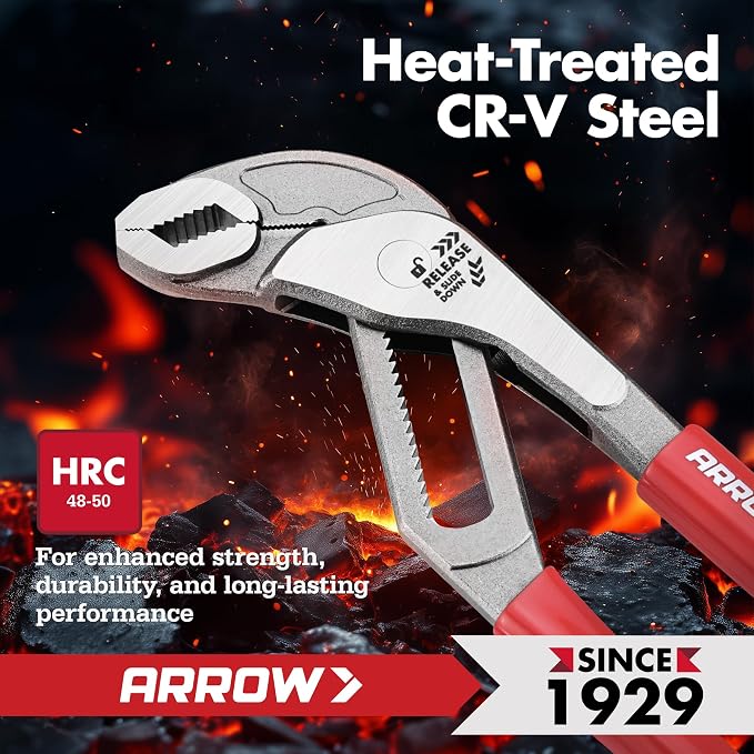 ARROW 12-Inch Water Pump Pliers, Quick Adjust Groove Joint Pliers with 18 Positions, V-Jaw Tongue and Groove Plier with Dipped handle, Heat-Treated CR-V Steel for Plumbing, Auto & Home Repair