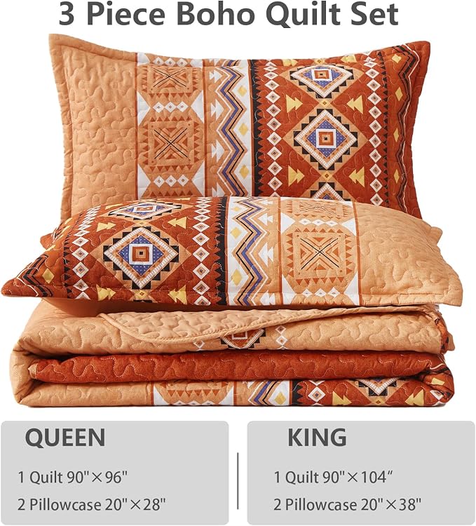 WONGS BEDDING 3 Pieces Quilt Set King Size, Burnt Orange/Rust Thanksgiving Quilt Bedspread Fall Bohemian Coverlet Set with 2 Pillowcase, Soft Thanksgiving Bedding Set for All Season 104"×90"