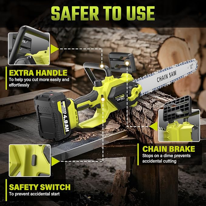SEYVUM Brushless 12 Inch Chainsaw Cordless, 20V Battery Chainsaw with 2 x 4.0Ah Batteries, 2 x Chains, Electric Chainsaws with Tool-Free Chain Tension, Auto Oiling for Wood Cutting Trimming Branch