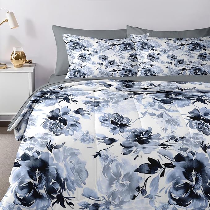 Nesker Comforter Set Queen Size, Navy Blue Floral 7 Pcs Bedding for Kids and Adults, Blue White Abstract Bed Sheet Sets with Fitted Sheet 2 Pillowcases & 2 Shams