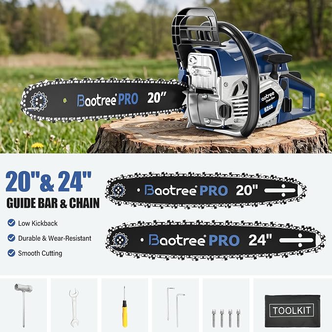 62cc 20 & 24 Inch Gas Chainsaw for Tree Cutting, Firewood, Logging | 2-Cycle Engine & Anti-Vibration System, Quick Start Technology